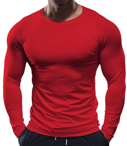 Muscle Alive Herren Fitness Langarmshirts Fest Kompression Grundschicht Bodybuilding Tops Polyester und Spandex 9309 Rot M