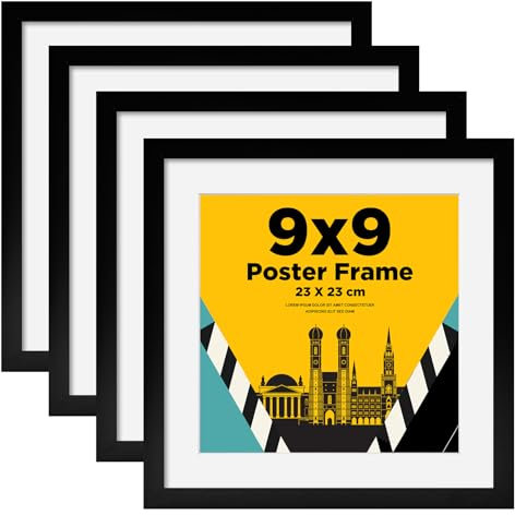 Egofine Lot de 4 cadres photo, 23 x 23 cm, en bois, avec verre acrylique, en MDF, passe-partout, pour photos de 18 x 18 cm, pour décoration murale ou de table, noirs