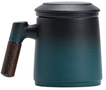 MBSM Tea Infuser Mug with Lid, Wood Handle Ceramic Loose Leaf Tea Steeper Cup, 375ml Matte Black Tea Steeping Mug Asian Tea Cups Gifts for Male Woman (Black & Green)