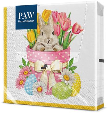 PAW - Servietten 3-lagig (33 x 33 cm) I 20 Stück I Perfekt für Ostern, Partys, Frühling und Feiern I Tischdeko Osterfeier Bunte Papierservietten - Osterhase Ostereier Tulpen I Flower Bunny