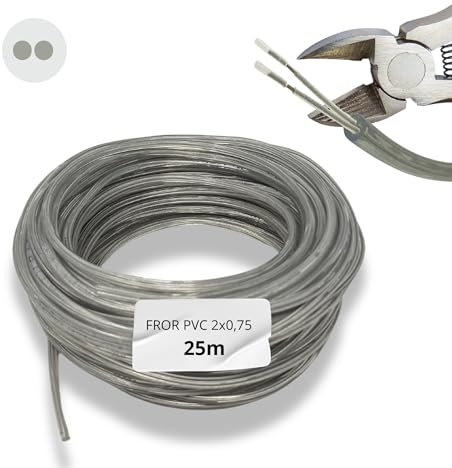 HALOTEC 25 metros Cable electrico 2 hilos 2x0.75 Transparente Polarizado | H03VV-F | Doble aislamiento PVC | Cable Instalación | Cable corriente | PVC | Cable Manguera Redonda | Cable 2 hilos
