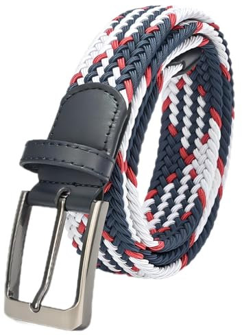 Uoocg Gürtel Unisex 3,4 cm – Elastischer Flechtgürtel aus Polyester, Dehnbarer Stoffgürtel für Damen & Herren, Adjustable Gürtel für Hosen & Röcke | Größen auswählbar | Blau-Weiß-Rot | 130cm