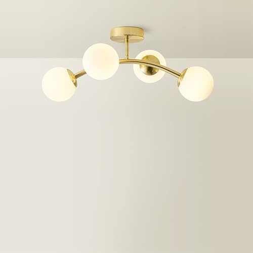 ValueLights | Gold 4 Way Ceiling Light with Opal White Frosted Glass Globe Shades for Living Room Hallway Bedroom | Ceiling Lights & Home Improvements Essential | Mains Wired