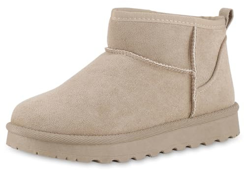 VAN HILL Damen Winter Boots Flach Profilsohle Bequem Schuhe 216510 Beige 38