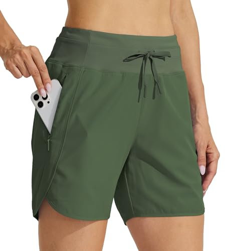 WILLIT Damen Shorts Sporthose Kurz Laufhose Sommer Laufshorts Wanderhose Schnelltrockene High Waisted Fitness Sport Running Reißverschlusstasche 5 Olivengrün L