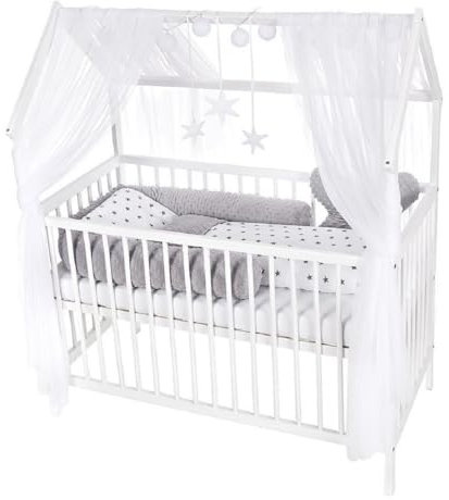 Babyhafen Hausbett Kinderbett 60x120 cm mit Matratze & Minky-Bettset – Massivholz, höhenverstellbarer Lattenrost, Grau, Sternen-Dekor, Komplettset für Kinder