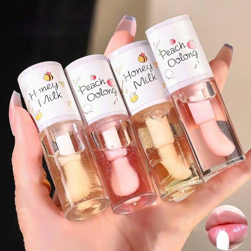 4Pcs Nährendes Getöntes Lip Oil Set,Feuchtigkeitsspendendend Lippenöl,Lipgloss Flavoring Oil,Lipgloss Base,Lang anhaltend, Pflegend für Frauen und Mädchen