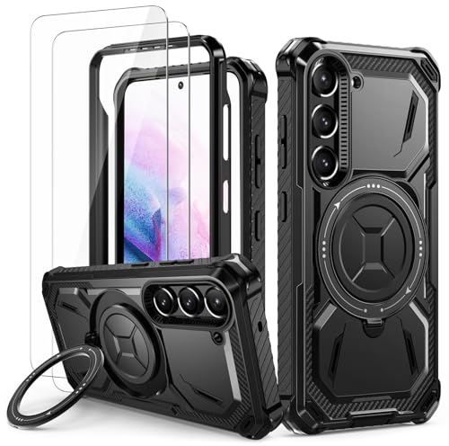 Lanhiem für Samsung Galaxy S21 Plus Hülle, 360° Ring Ständer, Stoßfest | mit 2 Stück Schutzfolie, Robust Bumper Schutzhülle, Militärischer Armor Handyhülle für Samsung Galaxy S21 Plus Case, Schwarz