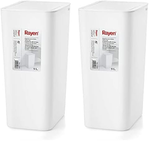 Rayen | Poubelle de Salle de Bains | Capacité de 9 litres | Couleur Blanche | 22 x 16 x 33cm | avec Couvercle (Lot de 2)