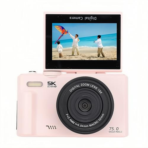 Cámara Digital 5K 75MP con WiFi y Pantalla Giratoria 180°, Cámara Vlogging para Youtube con Zoom 18X, Enfoque Automático Filtro Belleza, Fotografía Macro, Webcam HD