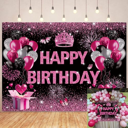 CUMIA Toile de fond rose « Happy Birthday » pour femmes - Toile de fond pour photographie - Ballons roses et noirs avec paillettes - Bannière d’anniversaire pour femmes - Décorations de fête pour