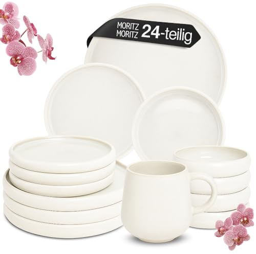 Moritz & Moritz Steingut Geschirrset 6 Personen mit Tassen Creme 24-teilig - Mikrowellen- & Spülmaschinenfest - Steingut Geschirr Set - Serie Solid Uni