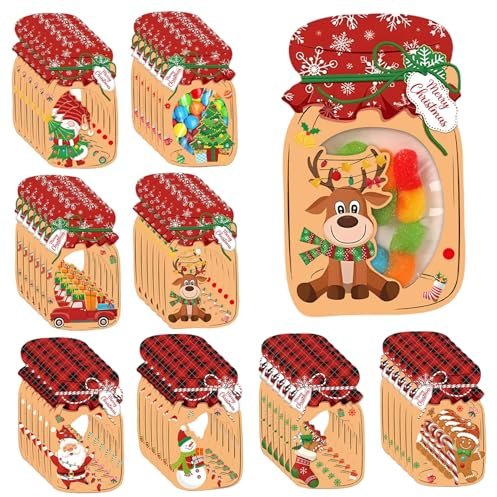 48er-Pack Einmachglas-Weihnachtskarten mit durchsichtigen Leckerli-Beuteln, DIY-Weihnachts-Süßigkeitstüten für Weihnachtsgeschenke, Partygeschenke für Kinder, Geschenke im Klassenzimmer