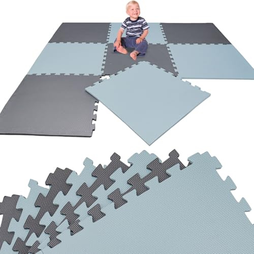 LittleTom Spielmatte Baby Puzzlematte Grau & Blau - 8 Matten je 50x50 cm Krabbelmatte 200x100 cm Bodenmatte Kinder - Puzzle Teppich Kinderzimmer Matte - Bodenschutzmatte Spielteppich - EVA Schaumstoff