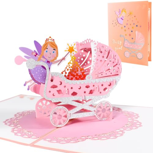 DORAFIORA® Pop-Up Karte Baby – 3D Glückwunschkarte zur Geburt/Taufe | Feen-Kinderwagen | Für Jungen & Mädchen | Inkl. Umschlag (Baby Pink)