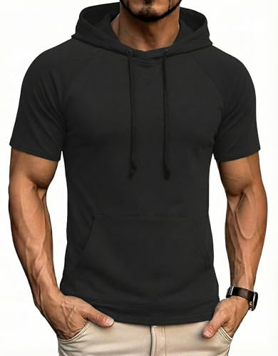 COOFANDY Men's Short Sleeve Hoodie Gym Pump Cover with Pocket Black 3XL