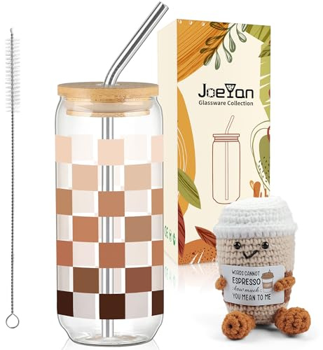 Joeyan Aniversario o Día del Padre Regalos para Hombre & Mujer | 600ml Vasos de Cristal con Tapa y Pajita & Emotional Adorno de Tejido a Crochet, Regalo para Padre, Abuelo, Esposo, Padrino