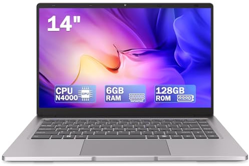 PINSTONE Ordinateur Portable 14″ 2 cœurs (Jusqu’à 2,6 GHz) • 6 Go RAM • 128 Go SSD • WiFi 5G • Mini-HDMI • Design sans Ventilateur PC Portable • Finition Argent, Léger + Souris Incluse