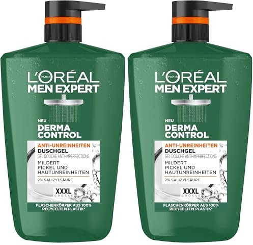 L'Oréal Men Expert XXXL Duschgel und Shampoo für Männer, Duschbad zur Reinigung von Körper, Haar und Gesicht, Herren Körperpflege für zu Unreinheiten neigende Haut, Derma Control, 1 x 1000 ml
