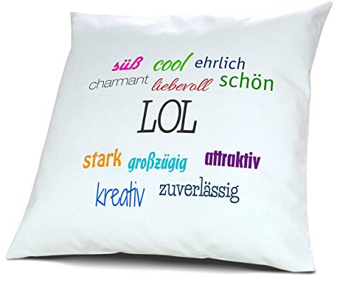 digital print Kopfkissen mit Namen LOL - Motiv Positive Eigenschaften, 40 cm, 100% Baumwolle, Kuschelkissen, Liebeskissen, Namenskissen, Geschenkidee, Deko