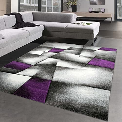 CARPETIA Moderner Teppich Kurzflor Wohnzimmerteppich Konturenschnitt karo abstrakt lila grau Weiss schwarz Größe 200 x 290 cm