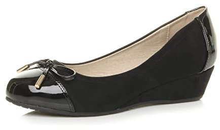 Ajvani Womens Ladies Low mid Heel Wedge Bow Smart Dolly Ballerina Court Shoes , Black Suede, 5 UK