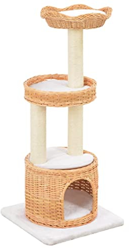 vidaXL Arbre à Chat en Bois de Saule avec Maison 2 paniers Coussin Amovible Arbre à Chat Arbre à Chat Arbre de Jeu pour Chat Sisal Peluche 94 cm