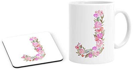 Personalised Initial J Any Letter Pink Roses Floral Mug and Coaster Set Coffee Tea Cup