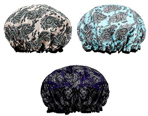 KissDate 3 Packs Double layer Shower Cap Waterproof Elastic Bath Cap for Women Shower Spa Salon (Multicolor-2)