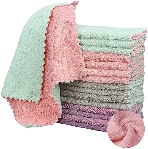LumiMokki Lot de 16 torchons de cuisine en microfibre de qualité supérieure - 25,4 x 25,4 cm - Super absorbants - En velours corail - Fournitures de nettoyage pour la vaisselle de cuisine