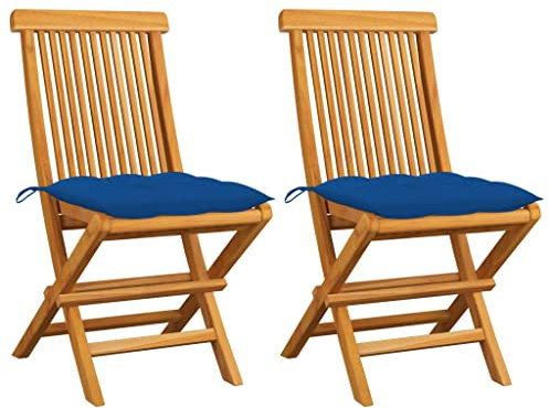 vidaXL Klappstühle mit blauen Kissen, 2 Stück, Massivholz Teakholz