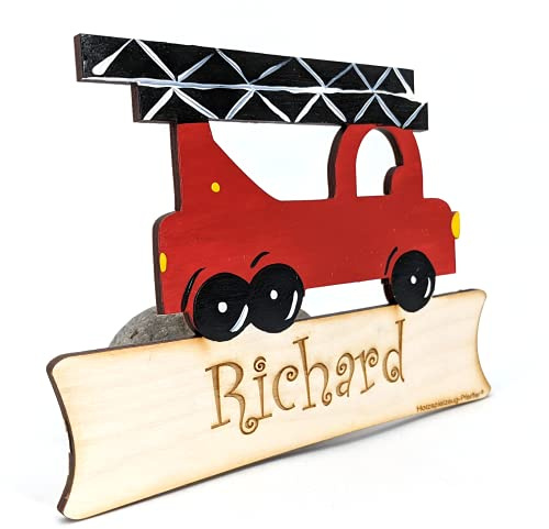 Türschild Name aus Holz für Kinder, Wunschname (Gravur, Fahrzeuge, Feuerwehr)