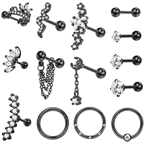 Milacolato 14St Piercing Ohr Chirurgenstahl 16G Ohrknorpel Piercing Tragus Helix Zirkonia Mond Schlange Ohrstecker Set CZ Septum Segmentring Clicker Ohrpiercing Schmuck schwarz