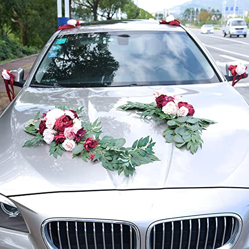 Autoschmuck Dekoration für Hochzeit,Braut Paar Rose Pfingstrose Vine Girlande Künstliche Blumen Pflanzen Deko für Wedding Car Autodeko Hochzeitsdeko Auto Blumenschmuck Hochzeitsauto Deko,Weinrot