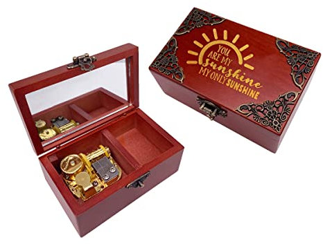 You are My Sunshine Schmuck-Spieluhr mit Spiegel, lasergraviert, Holz-Spieluhr, zum Aufziehen, Musikgeschenk für Sie, Ihn, Freundin, Freund (Melodie: You are My Sunshine, Goldbewegung)