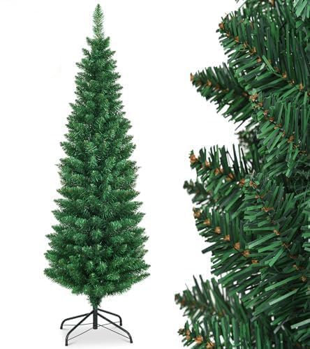 GYMAX Sapin de Noël 180cm Slim Artificiel, 400 Branches en PVC, Support Métallique Pliable, Sapin Mince Gain de Place pour Maison, Magasin, Bureau