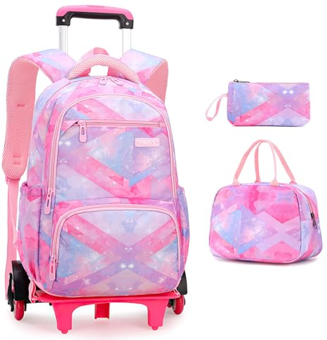 3pcs Rucksack mit Rollen Mädchen Trolley Schulrucksack Kinder Schultasche mit Rollen Mädchen Schulranzen Rosa Backpack Teens Grundshule 31x16x45cm