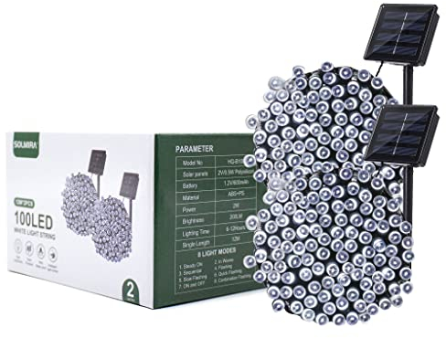 Luces Solares LED de Exterior, 2 Tiras de 100 LEDs Blancas, 24M, 8 Modos, Certificado CE y RoHS