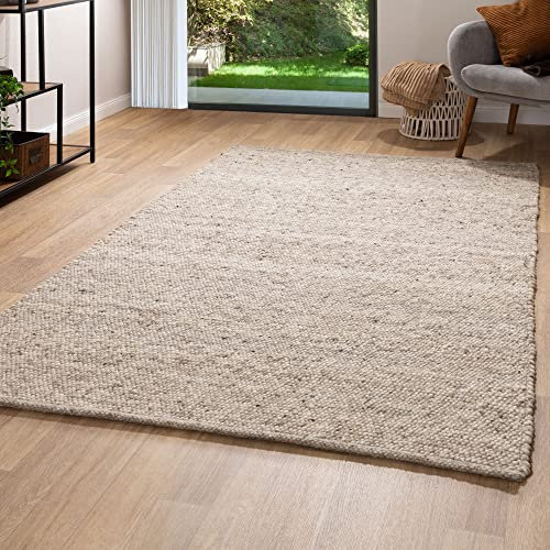 Steffensmeier Handwebteppich Leo | veredelte Schurwolle | Wohnzimmer | Fusselstopp | Natur, handgewebt, Größe: 70x130 cm