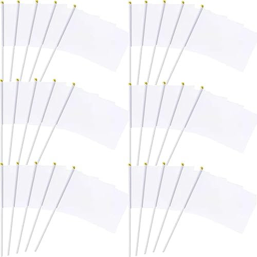 50 Pièces Petit Drapeau Blanc avec Baton Banniere Drapeau à Manivelle Blanc Fanions pour Fête Festival Celebration Anniversaire Mariage Decoration Ecole Jardin