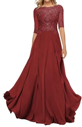 HYEC7 Women's Lace Appliques Mother of The Bride Dresses 3/4 Sleeve Long Formal Evening Dresses A Line Prom Dress Burgundy