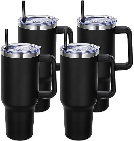 DOMICARE 40 oz Tumbler with Handle and Straw, Stainless Steel Tumbler with Lid and Straw, Reusable Vacuum Insulated Cup, Travel Coffee Mug, Black, 4Pack
