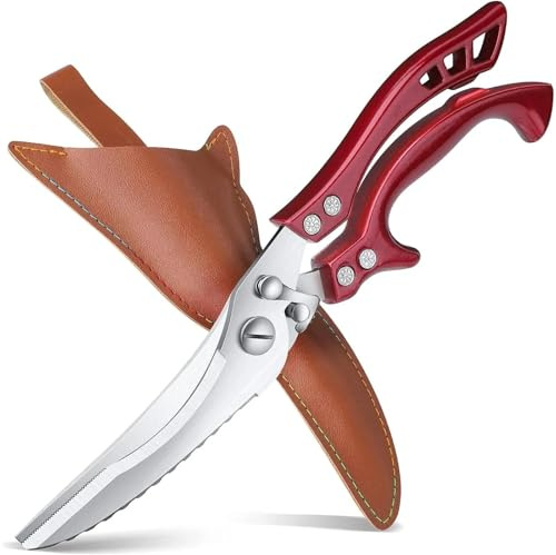 Poultry Shears Red Heavy Duty Kitchen Shears Serrated Edge Rust Proof Spring Loaded Multipurpose Stainless Steel Kitchen Shears for Poultry Turkey Fish