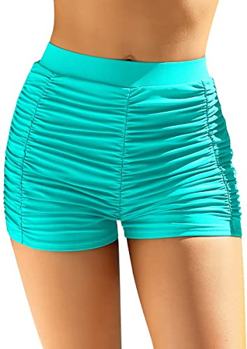 CharmLeaks Women High Waist Swim Shorts Summer Swimming Costume Shorts Ruched Boyleg Swim Bottoms Aqua XL