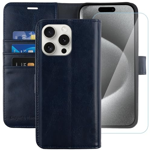 MONASAY Wallet Case for iPhone 15 Pro with 3 Card Holders Blue | With a Kickstand, RFID Blocking, 6.6 feet of shock absorption, PU Leather, Strong Magnetic Closure, Fits 6.1 inch ONLY