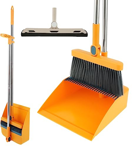 Set di 3 scopa e paletta con manico lungo, set per la pulizia del pavimento con scopa verticale girevole di 180°, paletta pieghevole girevole a 180°, per la cucina in ufficio