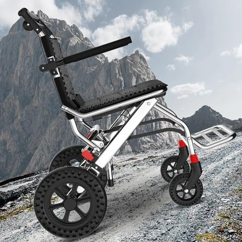 Rollstuhl,Faltbar und leicht Faltrollstuhl für Erwachsene,Sitzfläche 45 cm, Feste Armlehnen und klappbare Fußstützen,12 Fuß größeres Hinterrad,Manuelle Bremse,Sicherheitsgürtel, Aluminium