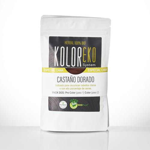KOLOREKO Tinte natural CASTAÑO DORADO - Pack DÚO especial canas - precolor DORADO + tinte CASTAÑO