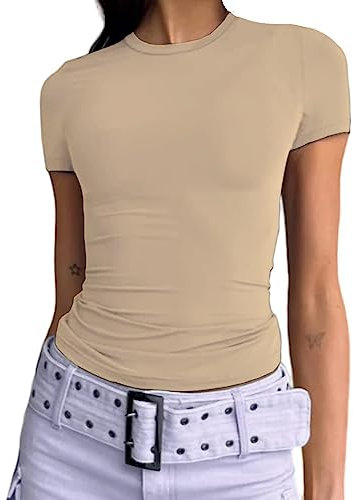 Cuptacc 2025 Damen Sommer Top Slim Fit Bodycon Rundhals Tshirt Y2K Kurzarm Eng Basic Sport Shirts Für Frauen Khaki M