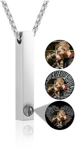 PiercingJak Personalised Photo Necklace Projection Necklace with Picture Inside Custom Photo Vertical Cuboid Bar Pendant Necklace Personalised Memorial Gifts for Women Men